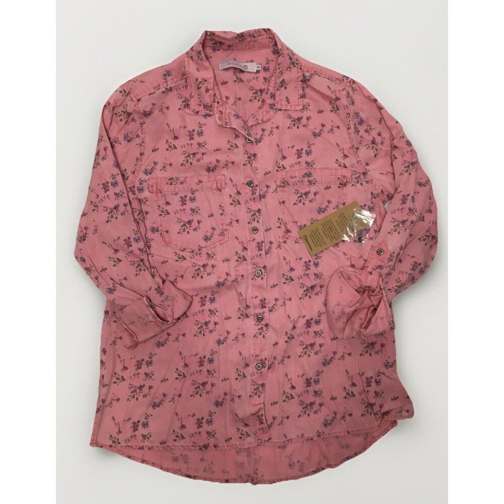NEW Billy T Pink Floral Button Down Shirt Roll Tab LS Sz S Cottagecore Tencel